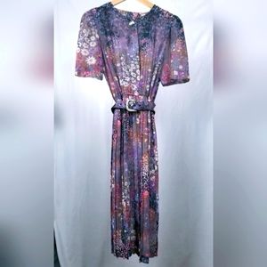 Vintage 60s 70s Floral Impressionist Pleated Dress with Belt Lady Carol Size 8